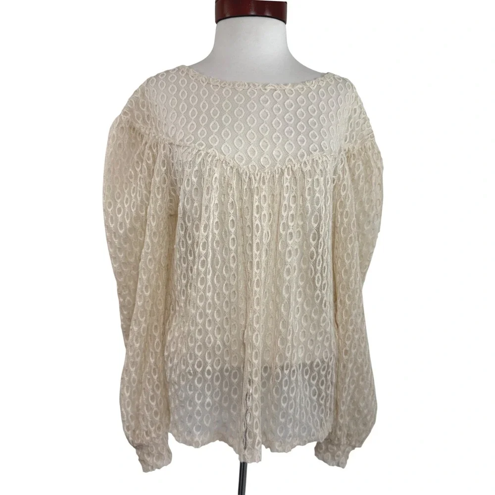 Zara Lace Blouse Cream Puff Sleeve Sheer Textured‎ Boho Peasant Coquette Top S
